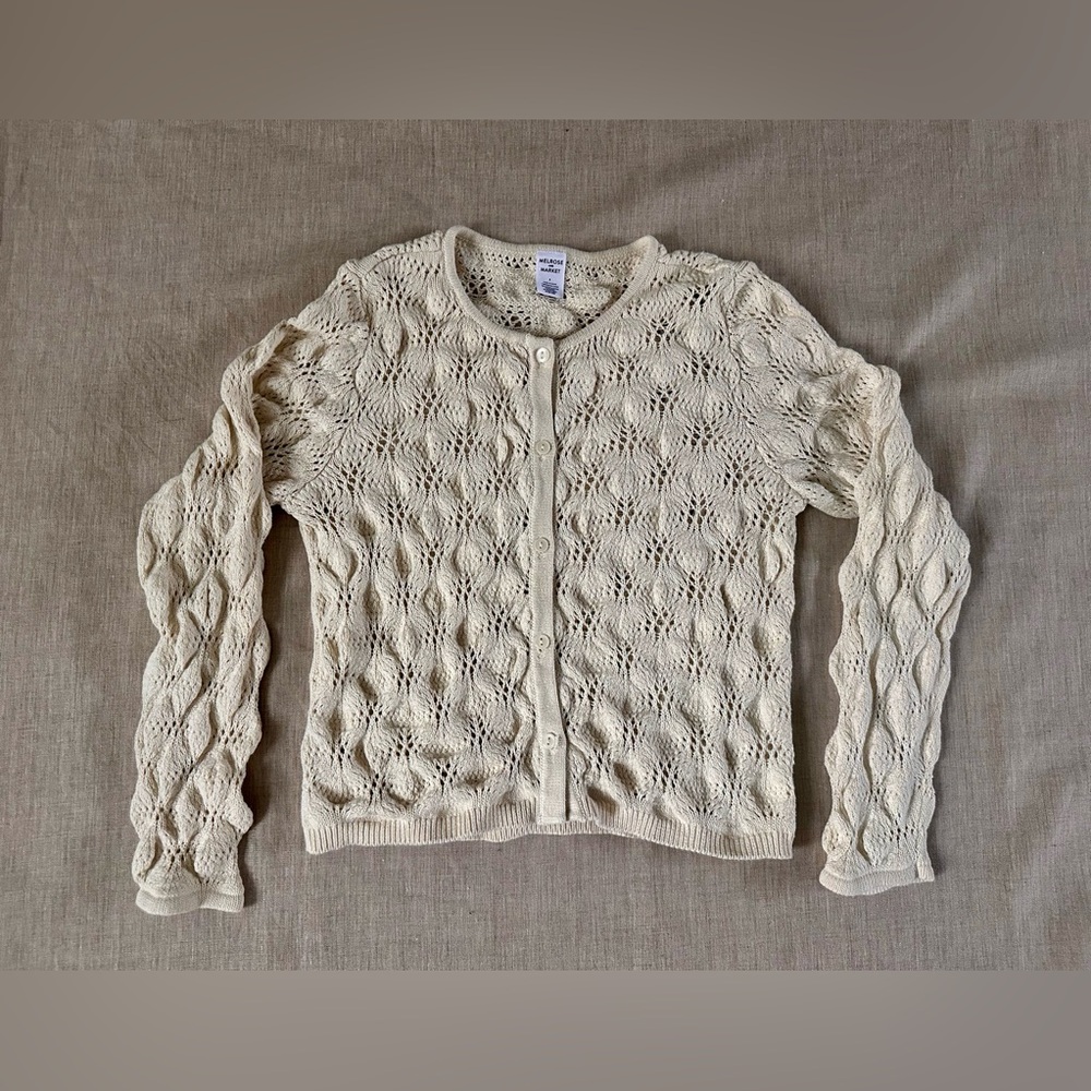 Melrose and Market Beige Cream Open-Knit Button Cotton Cardigan Sweater, Size S